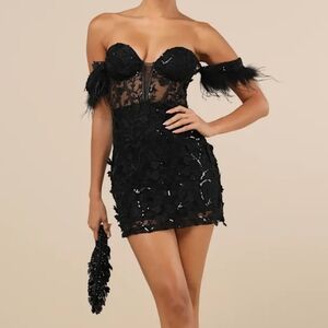 NWT Lulu's Midnight Sparkle Black Embroidered Feather Bustier Mini Dress
